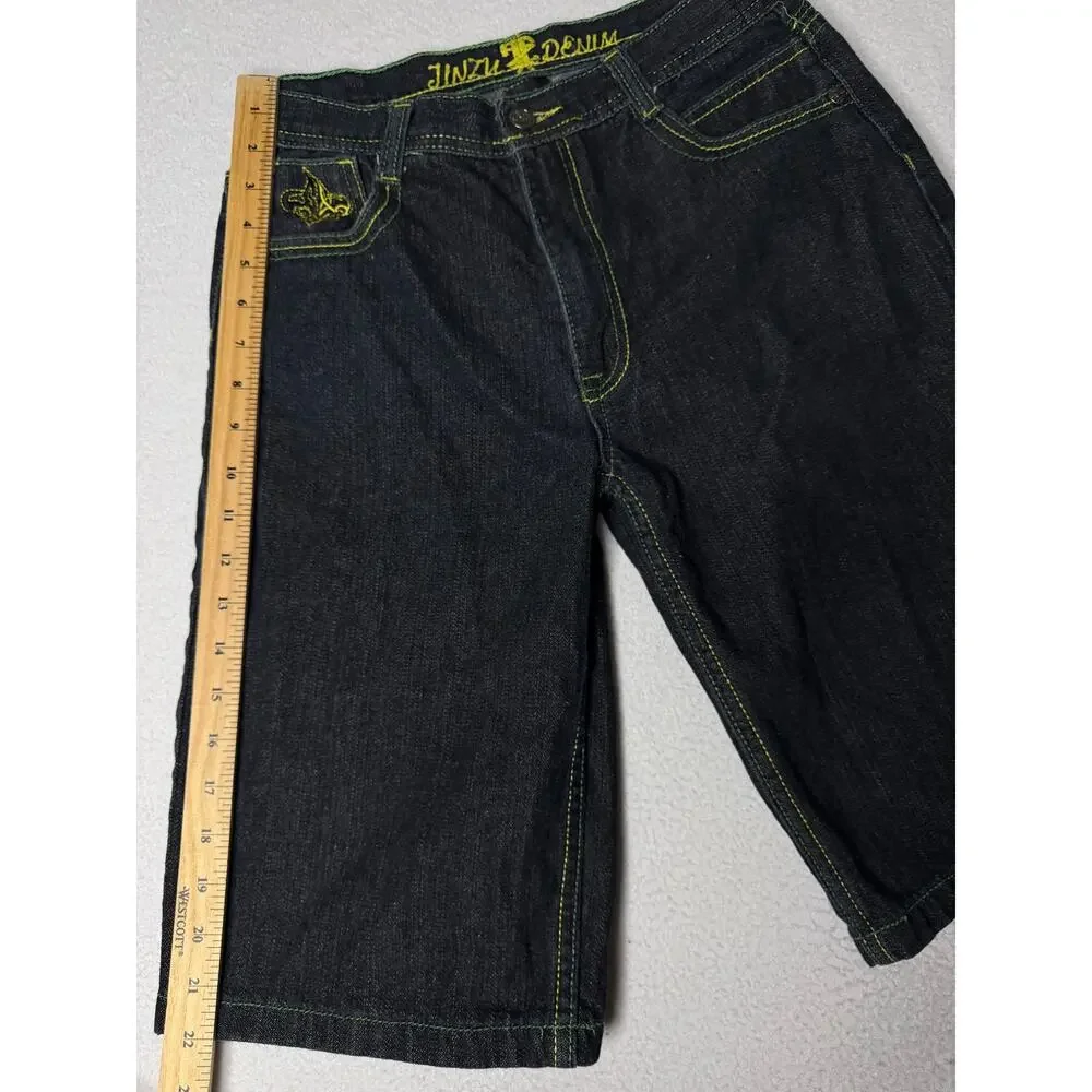 Jinzu Denim Size 18 Black Long Denim Shorts Embroidered Baggy Y2K Jorts